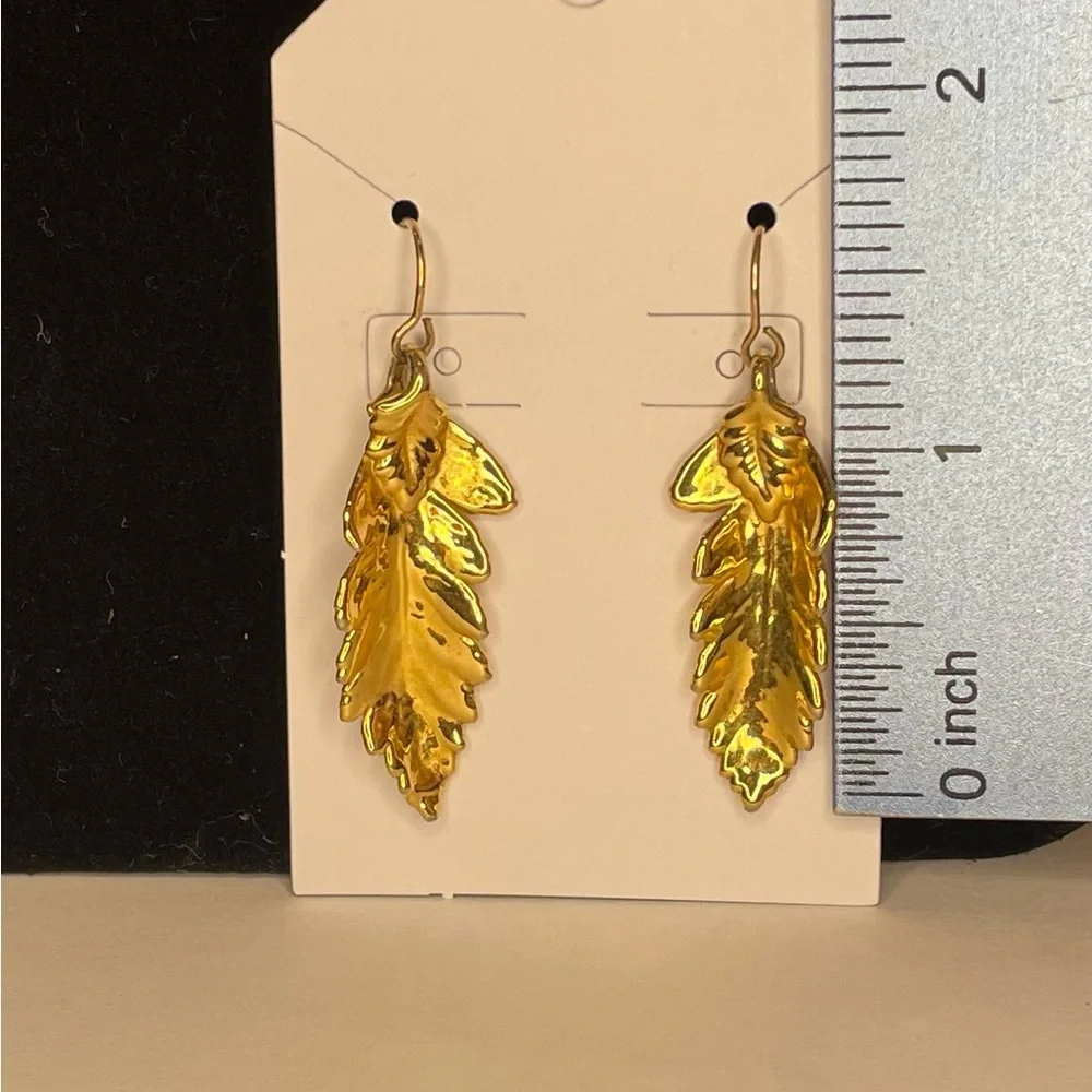 Gold Tone Leaf Dangle Earrings - Picture 4 of 4